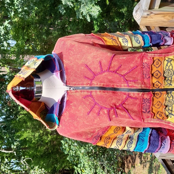 Ladies tie dye cotton zip hoodie, boho, layered stitching, multicolored, sz XL - Picture 3 of 14